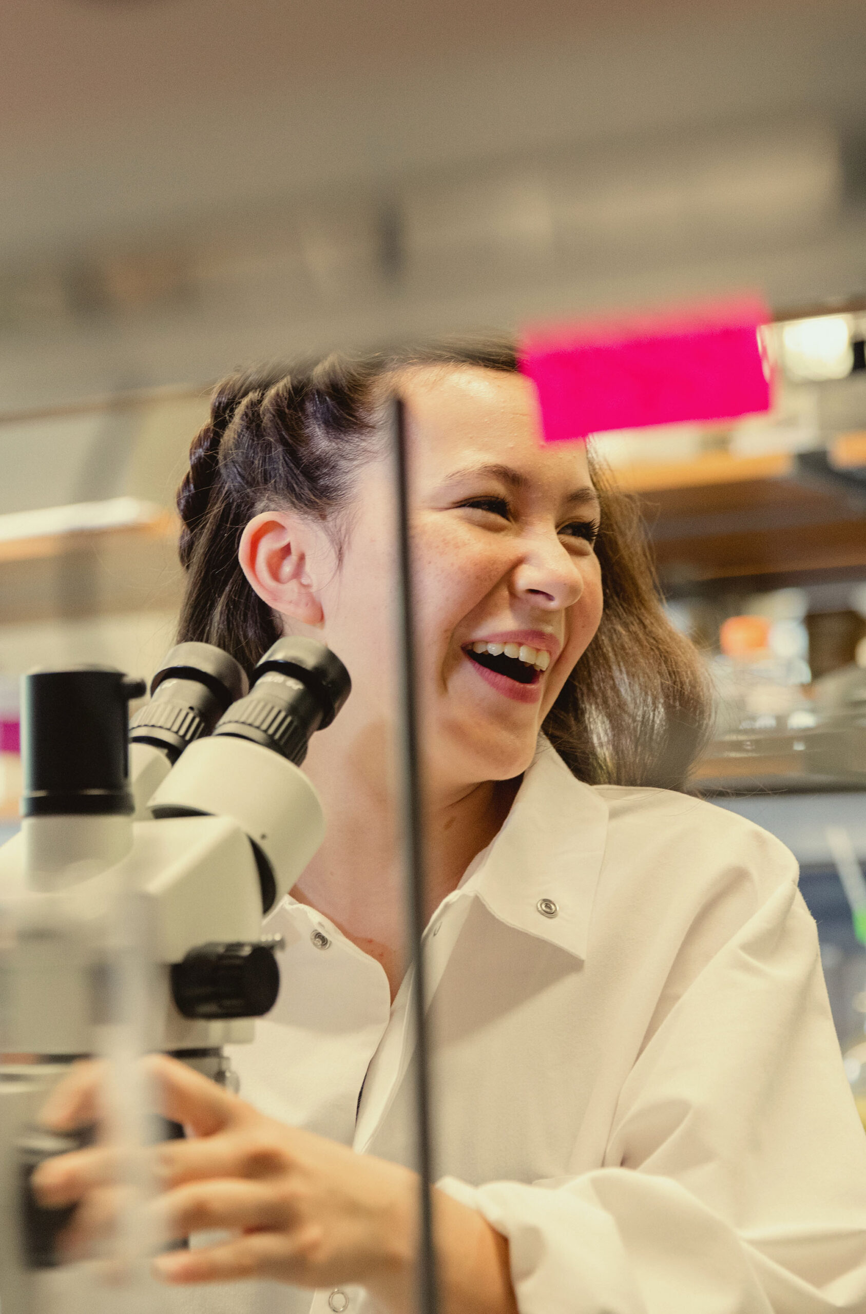 close up of female biology student in lab